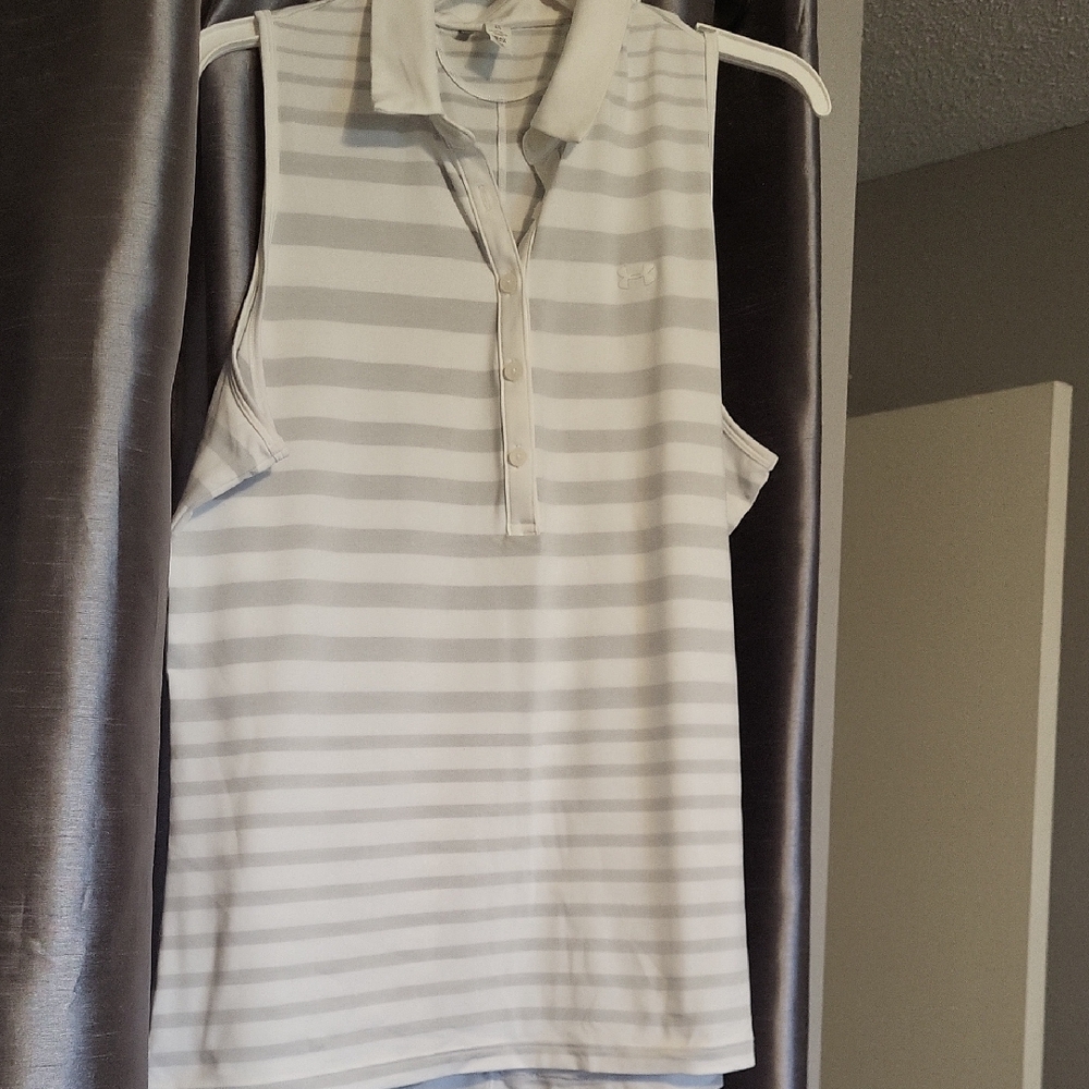 Striped Sleeveless Polo Top - White and Grey